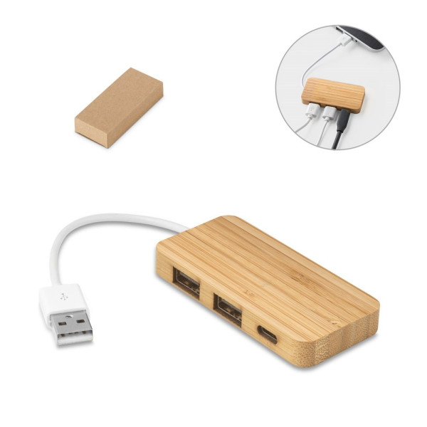 MOSER. HUB met 2 USB-A en 1 USB-C poorten in bamboe