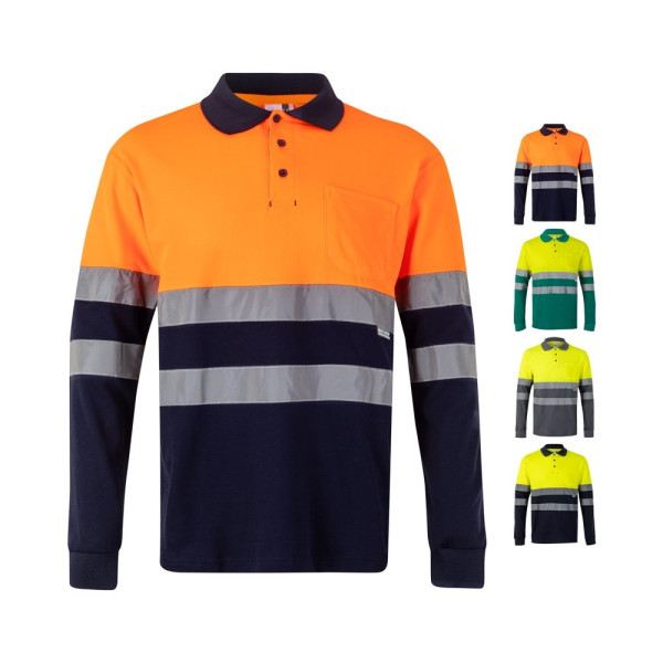 VL PLUTO. Tweekleurige piqué polo (150g/m²) met lange mouwen, van katoen (55%) en polyester (45%)